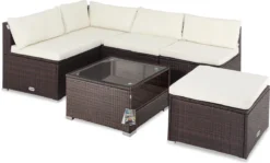 Casaria Polyrattan Lounge Set Coussins XL Table Plateau En Verre Mobilier De Jardin Marron Crème