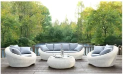 MYLIA Ensemble De Salon En Résine Tressée écru : Canapé, 2 Fauteuils Et Table Basse - WHITEHEAVEN L 201 Cm X H 66,5 Cm X P 101 Cm