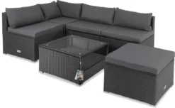 Casaria Polyrattan Lounge Set XL Coussins Table Glas Mobilier De Jardin Zwart Anthracite