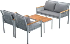 Salon De Jardin Merax - Salon De Jardin Avec Canapé Double - 2 Fauteuils Et Table - Salon De Jardin En Rotin Avec Coussins Gris