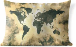 Coussins D'extérieur - Jardin - Wereldkaart Avec Peinture Couleur Gris Foncé Et Sable Sur Fond Texturé - 60x40 Cm