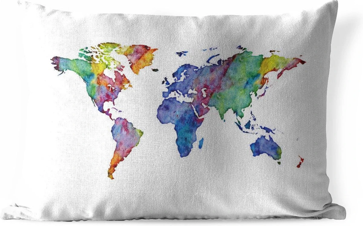 Coussins D'extérieur - Jardin - Carte Du Monde Aquarelle Violet Bleu Orange Sur Fond Blanc - 60x40 Cm 1 Coussins D'extérieur - Jardin - Carte Du Monde Aquarelle Violet Bleu Orange Sur Fond Blanc - 60x40 Cm