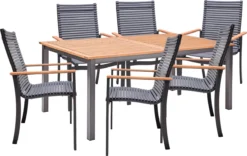 NATERIAL- Salon De Jardin 6 Personnes - Table De Jardin ORIS 180/240x100cm - Table Extensible - 6 Chaises De Jardin DORA Avec Accoudoirs - Empilable - Salon - Aluminium - Plastique Recyclé