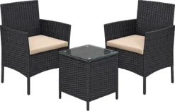 LIVINGSIGNS Mobilier De Balcon, Salon De Jardin, En Polyrotin PE, Salon, Table Et 2 Chaises, Mobilier De Terrasse, Outdoor, Pour Terrasse, Balcon, Jardin, Rosée Noire