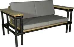 Meubles D' Outside | Banc De Jardin échafaudage Bois Et Tube D'échafaudage Noir Mat | Canapé Double | Ancien Look | Oreillers Gris | Banc De Jardin | Mobilier De Jardin