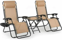 Happyment Chaises De Plage Pliables 2 Pièces - Chaises De Jardin Avec Table - Bain De Soleil - Réglable De 0° à 160° - Beige