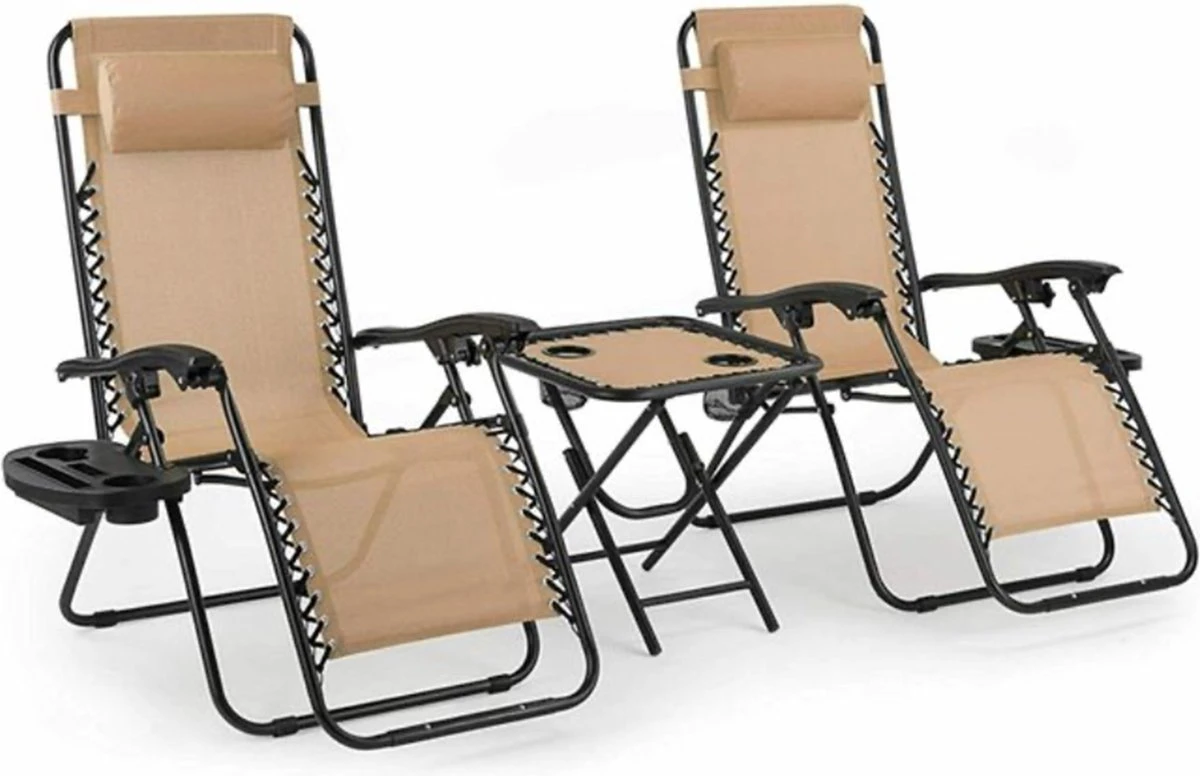 Happyment Chaises De Plage Pliables 2 Pièces - Chaises De Jardin Avec Table - Bain De Soleil - Réglable De 0° à 160° - Beige 1 Happyment Chaises De Plage Pliables 2 Pièces - Chaises De Jardin Avec Table - Bain De Soleil - Réglable De 0° à 160° - Beige