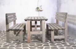 Set Pique-Nique Tyrol Avec Dossiers Table Entrée Ouverte + 2 Canapés 150cm Bois Certifié FSC® 4 Personnes Gris Wash