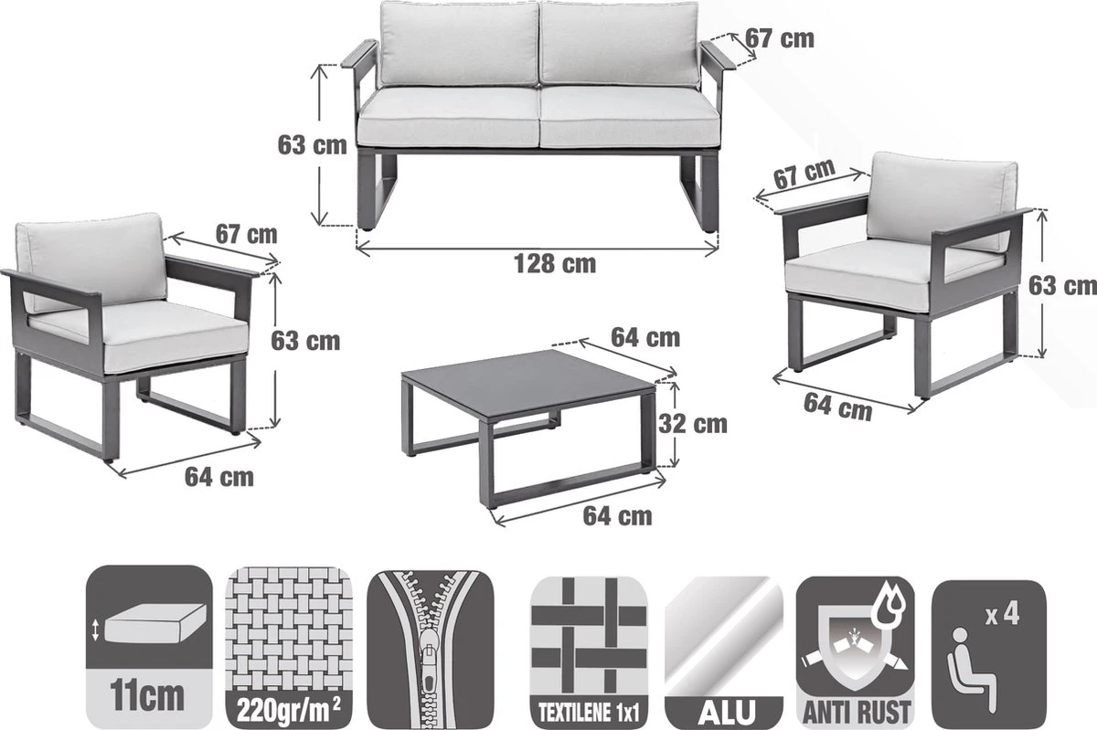 NATERIAL - Salon De Jardin ODYSSEA - Salon De Jardin - 4 Personnes - 1 Canapé Extérieur - 2 Fauteuils De Jardin - 1 Table Basse Extérieur 64x64x32 Cm - Aluminium - Acier - Grijs - Salon De Jardin 2 NATERIAL - Salon De Jardin ODYSSEA - Salon De Jardin - 4 Personnes - 1 Canapé Extérieur - 2 Fauteuils De Jardin - 1 Table Basse Extérieur 64x64x32 Cm - Aluminium - Acier - Grijs - Salon De Jardin – Image 2