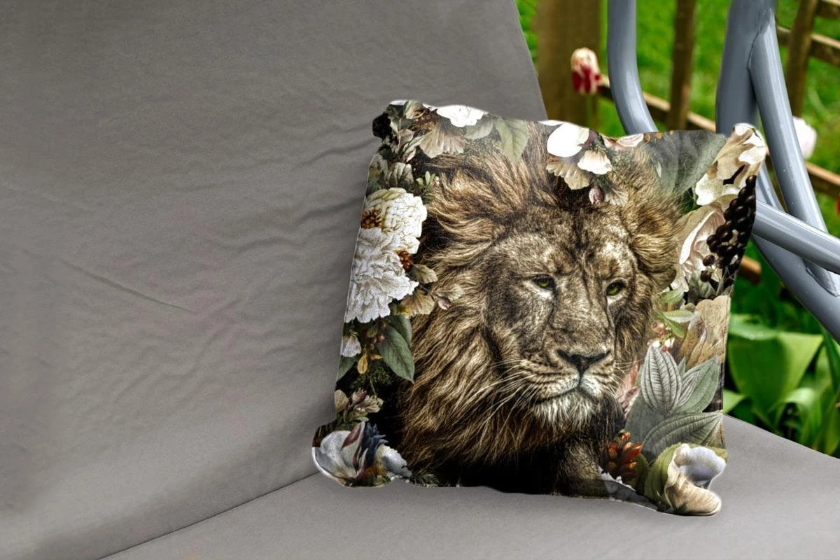 Coussin D'extérieur Résistant Aux Intempéries - Lion - Fleurs - Feuille - 50x50 Cm 2 Coussin D'extérieur Résistant Aux Intempéries - Lion - Fleurs - Feuille - 50x50 Cm – Image 2