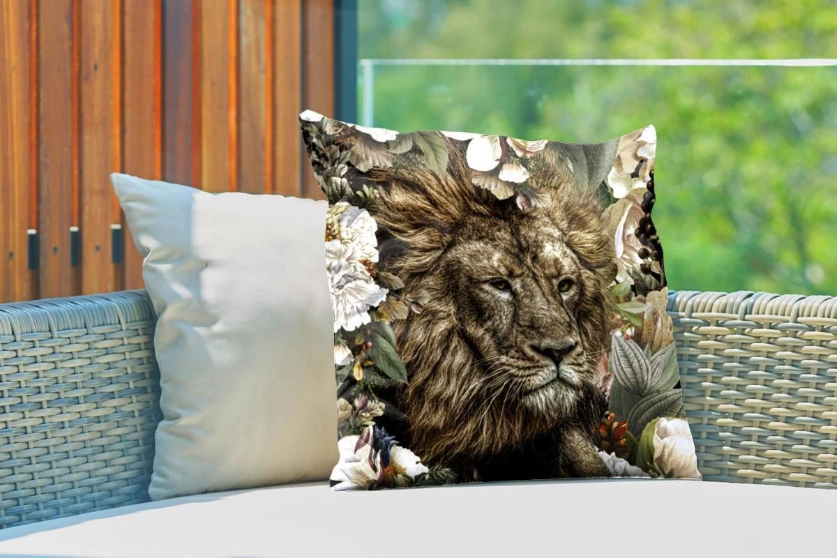 Coussin D'extérieur Résistant Aux Intempéries - Lion - Fleurs - Feuille - 50x50 Cm 3 Coussin D'extérieur Résistant Aux Intempéries - Lion - Fleurs - Feuille - 50x50 Cm – Image 3