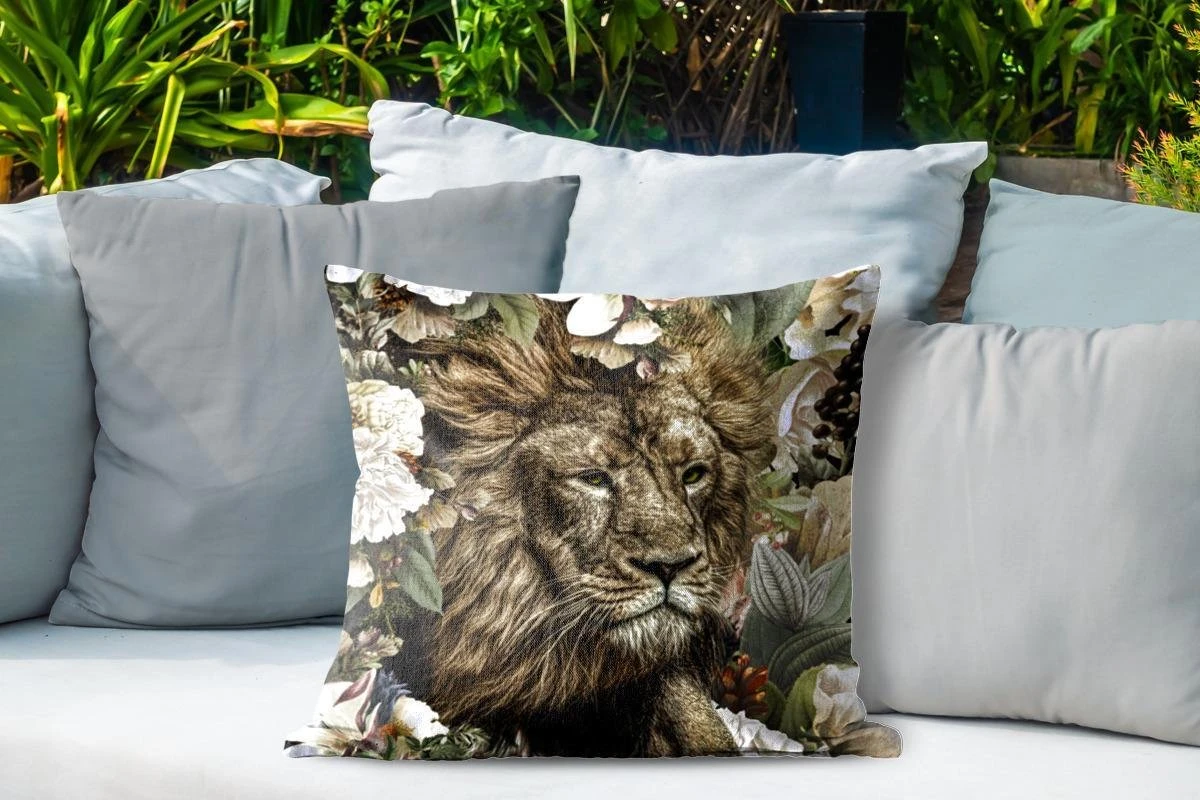 Coussin D'extérieur Résistant Aux Intempéries - Lion - Fleurs - Feuille - 50x50 Cm 4 Coussin D'extérieur Résistant Aux Intempéries - Lion - Fleurs - Feuille - 50x50 Cm – Image 4