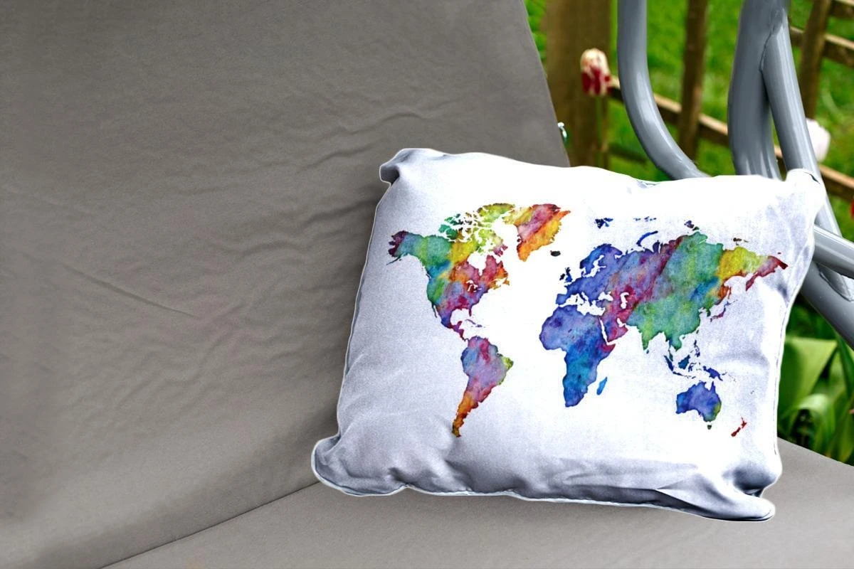 Coussins D'extérieur - Jardin - Carte Du Monde Aquarelle Violet Bleu Orange Sur Fond Blanc - 60x40 Cm 2 Coussins D'extérieur - Jardin - Carte Du Monde Aquarelle Violet Bleu Orange Sur Fond Blanc - 60x40 Cm – Image 2