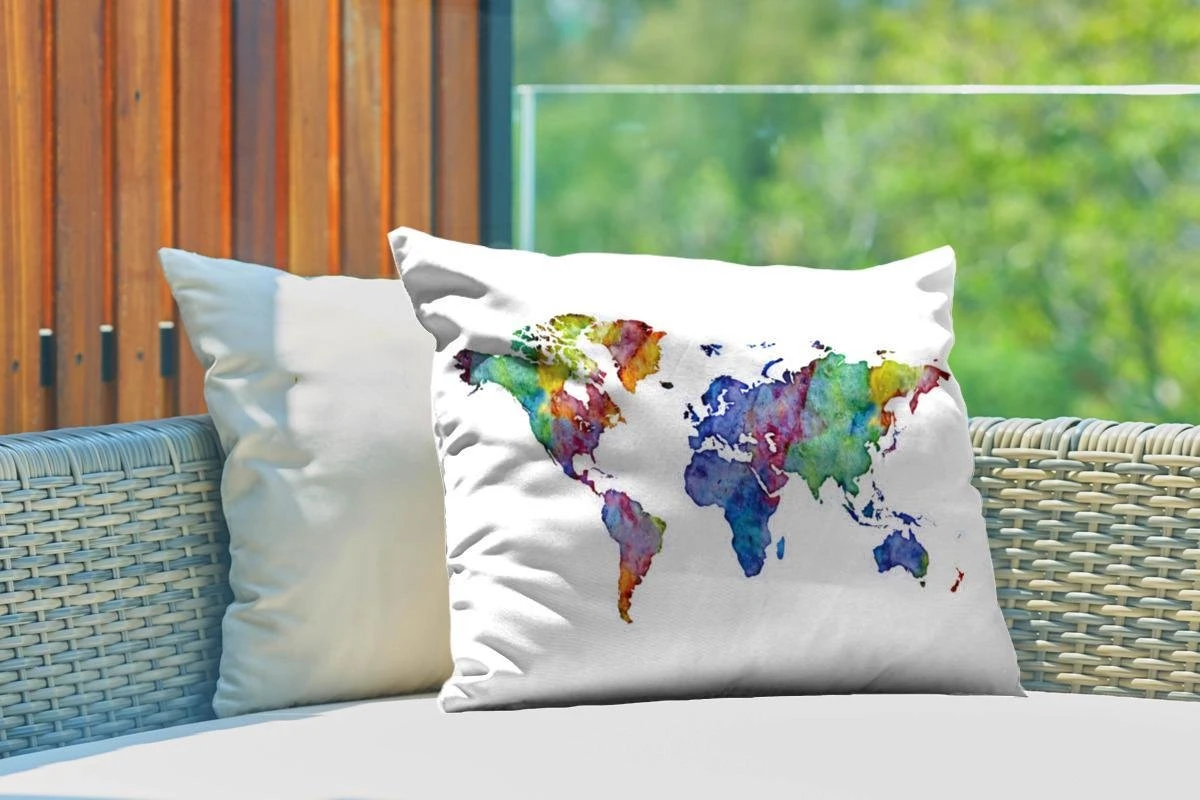 Coussins D'extérieur - Jardin - Carte Du Monde Aquarelle Violet Bleu Orange Sur Fond Blanc - 60x40 Cm 3 Coussins D'extérieur - Jardin - Carte Du Monde Aquarelle Violet Bleu Orange Sur Fond Blanc - 60x40 Cm – Image 3