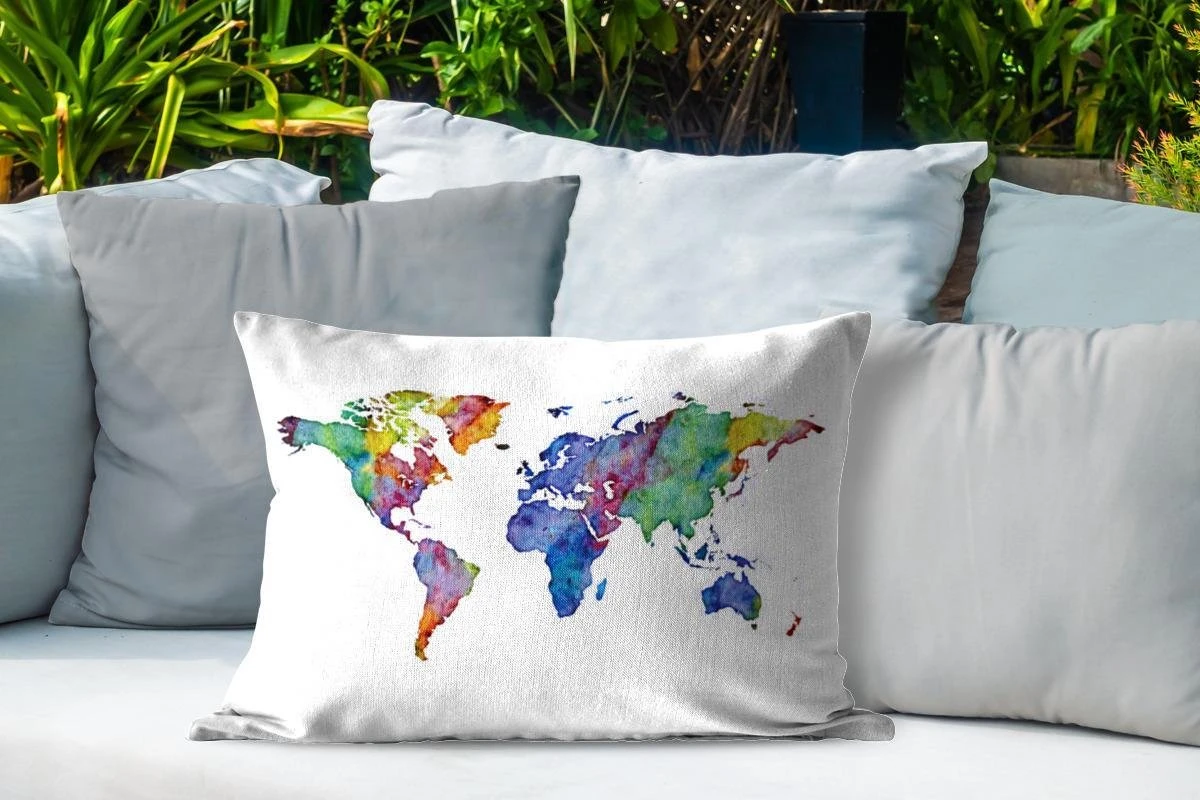 Coussins D'extérieur - Jardin - Carte Du Monde Aquarelle Violet Bleu Orange Sur Fond Blanc - 60x40 Cm 4 Coussins D'extérieur - Jardin - Carte Du Monde Aquarelle Violet Bleu Orange Sur Fond Blanc - 60x40 Cm – Image 4