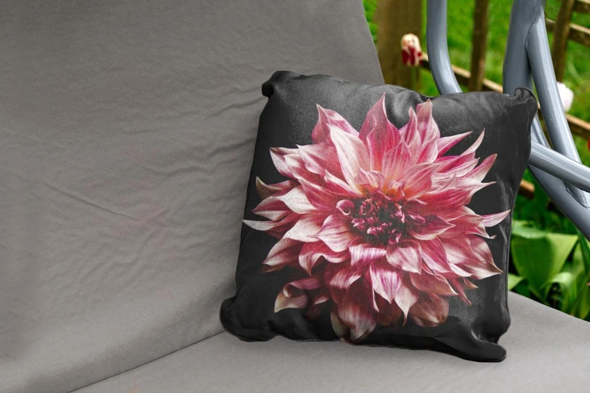 Coussins D'extérieur - Jardin - Fleur De Dahlia Rose Sur Fond Noir - 50x50 Cm 2 Coussins D'extérieur - Jardin - Fleur De Dahlia Rose Sur Fond Noir - 50x50 Cm – Image 2