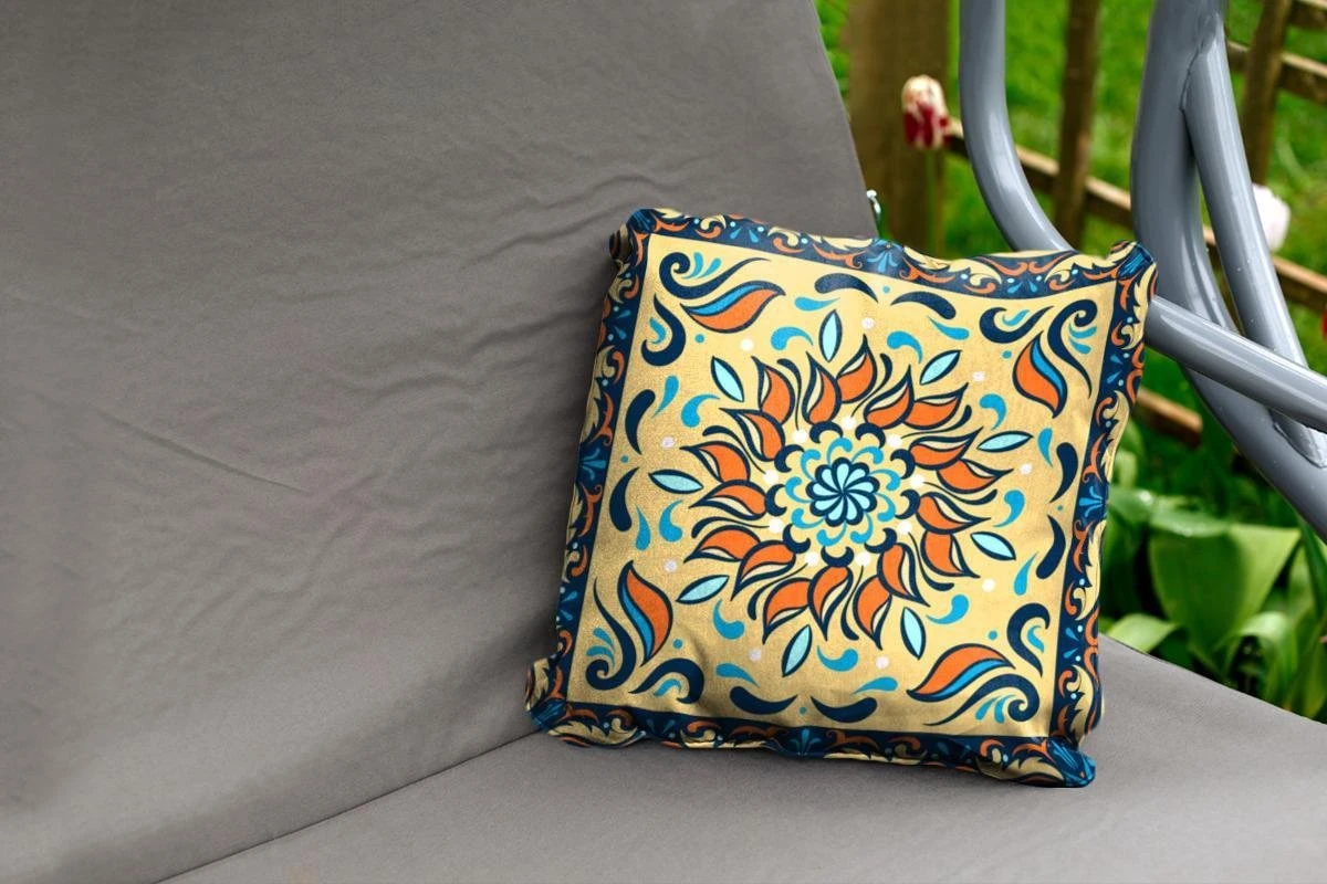 Coussins D'extérieur - Jardin - Motif Carré Avec Un Tournesol Orange Sur Fond Jaune Avec Un Cadre - 40x40 Cm 2 Coussins D'extérieur - Jardin - Motif Carré Avec Un Tournesol Orange Sur Fond Jaune Avec Un Cadre - 40x40 Cm – Image 2