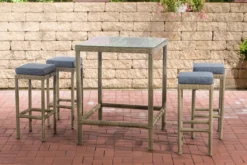 Table De Bar Moderne Avec Chaises De Bar - Grijs Beige - Mobilier De Jardin - Rotin - Set De 4 Tabourets De Bar - Bar De Jardin - Intérieur Et Extérieur - Résistant Aux Intempéries - 4 Personnes