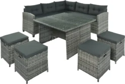 Ensemble De Meubles De Patio-ensemble De Banc De Salle à Manger De Patio 8 Pièces-canapé En Rotin Résistant Aux Intempéries Avec Table à Manger Et Chaise Et 4 Repose-pieds-osier Gris + Coussins Gris -Jardin Meubles Magasin 1200x803 3