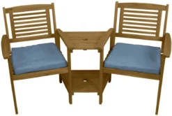 Jardi Chaise D'Extérieur Avec Coussins Jack & Jill Banc D'Amour En Bois - Banc De Jardin - Table à 2 Niveaux - Marron Avec Coussins Gris - Capacité De Charge Totale De 320 Kg