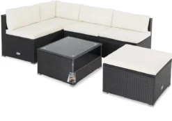 Casaria Poly Rotin Salon De Jardin Coussins XL Table Plateau En Verre Mobilier De Jardin Zwart Crème