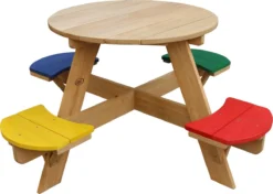 AXI UFO Table De Pique Nique Ronde Pour Enfants En Bois - Table Ronde Enfant Pour Le Jardin Multicouleur Avec 4 Sièges
