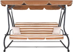 Banc De Balançoire Springos | Luna-Balançoire | 4 Places | Imperméable à L'eau | Comprend 2 Coussins | Auvent Réglable | 230 X 130 X 162 Cm | Marron/ Wit/ Grijs -Jardin Meubles Magasin 1200x859