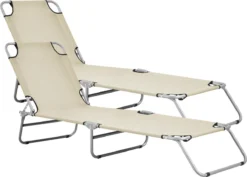 Lot De 2 Transats Chaises Longues Inclinables Réglables En 5 Positions Bains De Soleil Design Avec Anses De Transport Capacité De Charge 110 Kg Acier Polyester Argenté Mat Beige [casa.pro]