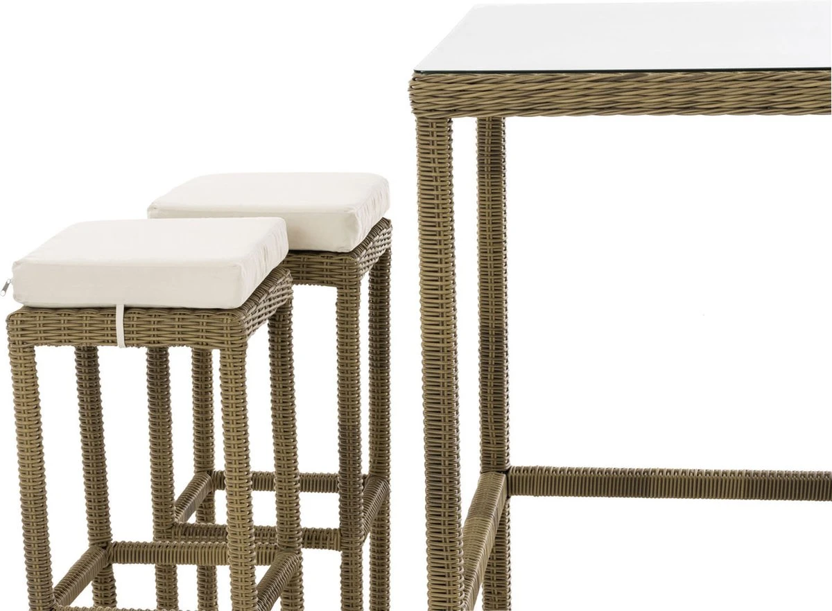Table De Bar De Luxe Avec Chaises De Bar - Crème / Blanc - Mobilier De Jardin - Rotin - Set De 4 Tabourets De Bar - Bar De Jardin - Intérieur Et Extérieur - Résistant Aux Intempéries - 4 Personnes 3 Table De Bar De Luxe Avec Chaises De Bar - Crème / Blanc - Mobilier De Jardin - Rotin - Set De 4 Tabourets De Bar - Bar De Jardin - Intérieur Et Extérieur - Résistant Aux Intempéries - 4 Personnes – Image 3