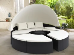 Deuba Polyrattan Solar Island Ø185cm Coussins Zwart Crème Pare-Soleil Pliable WPC -Jardin Meubles Magasin 1200x890 9