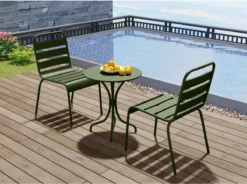MYLIA Salon De Jardin En Métal - Une Table D60 Cm Et 2 Chaises Empilables - Kaki - MIRMANDE L 60 Cm X H 79 Cm X P 60 Cm