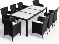 Deuba Poly Rotin Set De Jardin 8 Chaises De Jardin De Jardin Empilable Coussins 7cm Table 190x90 Zwart