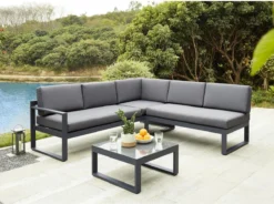 MYLIA Salon De Jardin En Aluminium : Table Basse Et Canapé D'angle Avec Angle Amovible 6 Personnes - Anthracite - PALAOS II L 214 Cm X H 63,5 Cm X P 130 Cm