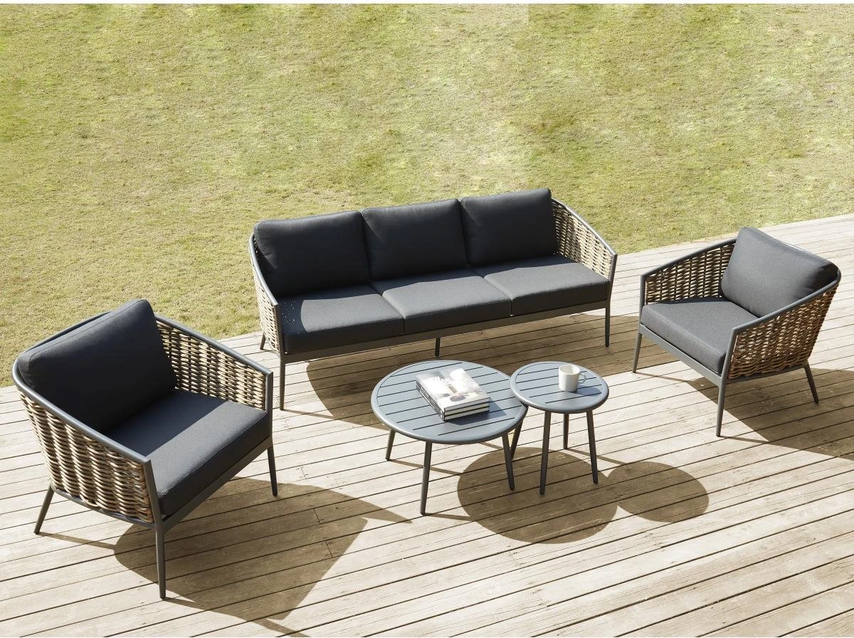 MYLIA Coin Repas De Jardin En Résine Tressée Et Aluminium : 1 Canapé 3 Places, 2 Fauteuils Et 2 Tables Basses - Anthracite - BARLETTA L 206 Cm X H 75 Cm X P 82 Cm 1 MYLIA Coin Repas De Jardin En Résine Tressée Et Aluminium : 1 Canapé 3 Places, 2 Fauteuils Et 2 Tables Basses - Anthracite - BARLETTA L 206 Cm X H 75 Cm X P 82 Cm