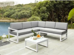 MYLIA Salon De Jardin Aluminium : Table Basse Et Canapé D'angle Avec Angle Amovible 6 Personnes - Grijs - PALAOS II L 214 Cm X H 63,5 Cm X P 130 Cm