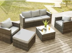 MYLIA Salon De Jardin En Résine Tressée : 1 Canapé 3 Places, 2 Fauteuils, 1 Pouf Et Une Table Basse - Grijs - ANORI L 177 Cm X H 62 Cm X P 72 Cm