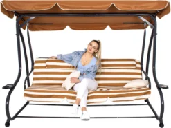 Banc De Balançoire Springos | Luna-Balançoire | 4 Places | Imperméable à L'eau | Comprend 2 Coussins | Auvent Réglable | 230 X 130 X 162 Cm | Marron/ Wit/ Grijs -Jardin Meubles Magasin 1200x897 1