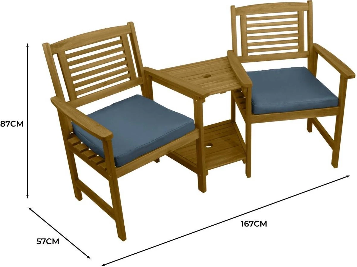 Jardi Chaise D'Extérieur Avec Coussins Jack & Jill Banc D'Amour En Bois - Banc De Jardin - Table à 2 Niveaux - Marron Avec Coussins Gris - Capacité De Charge Totale De 320 Kg 8 Jardi Chaise D'Extérieur Avec Coussins Jack & Jill Banc D'Amour En Bois - Banc De Jardin - Table à 2 Niveaux - Marron Avec Coussins Gris - Capacité De Charge Totale De 320 Kg – Image 8