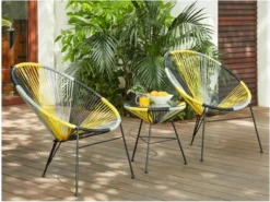Salon De Jardin II En Fil Dur Tressé - Jaune, Gris, Noir : 2 Chaises Et Une Table - ALIOS L 72 Cm X H 86 Cm X P 81 Cm