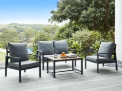 MYLIA Set De Jardin En Aluminium : 1 Canapé 2 Places, 2 Fauteuils Et 1 Table Basse - Gris Anthracite - SUNLY L 110.5 Cm X H 74.5 Cm X P 67.5 Cm