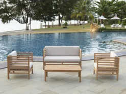 Salon De Jardin En Teck MYLIA : 1 Canapé 2 Places + 2 Fauteuils + 1 Table Basse - Naturel Clair - LINERI L 152 Cm X H 79 Cm X P 74 Cm -Jardin Meubles Magasin 1200x900 20