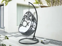 MYLIA Fauteuil Suspendu En Résine Tressée Noire Et Kussen Blanc - MAKAHA L 102 Cm X H 197 Cm X P 102 Cm