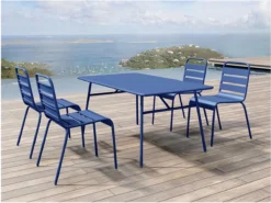 MYLIA Ensemble Repas De Jardin MIRMANDE : Table L.160 Cm Avec 4 Chaises Empilables - Métal - Bleu Nuit L 160 Cm X H 79 Cm X P 80 Cm