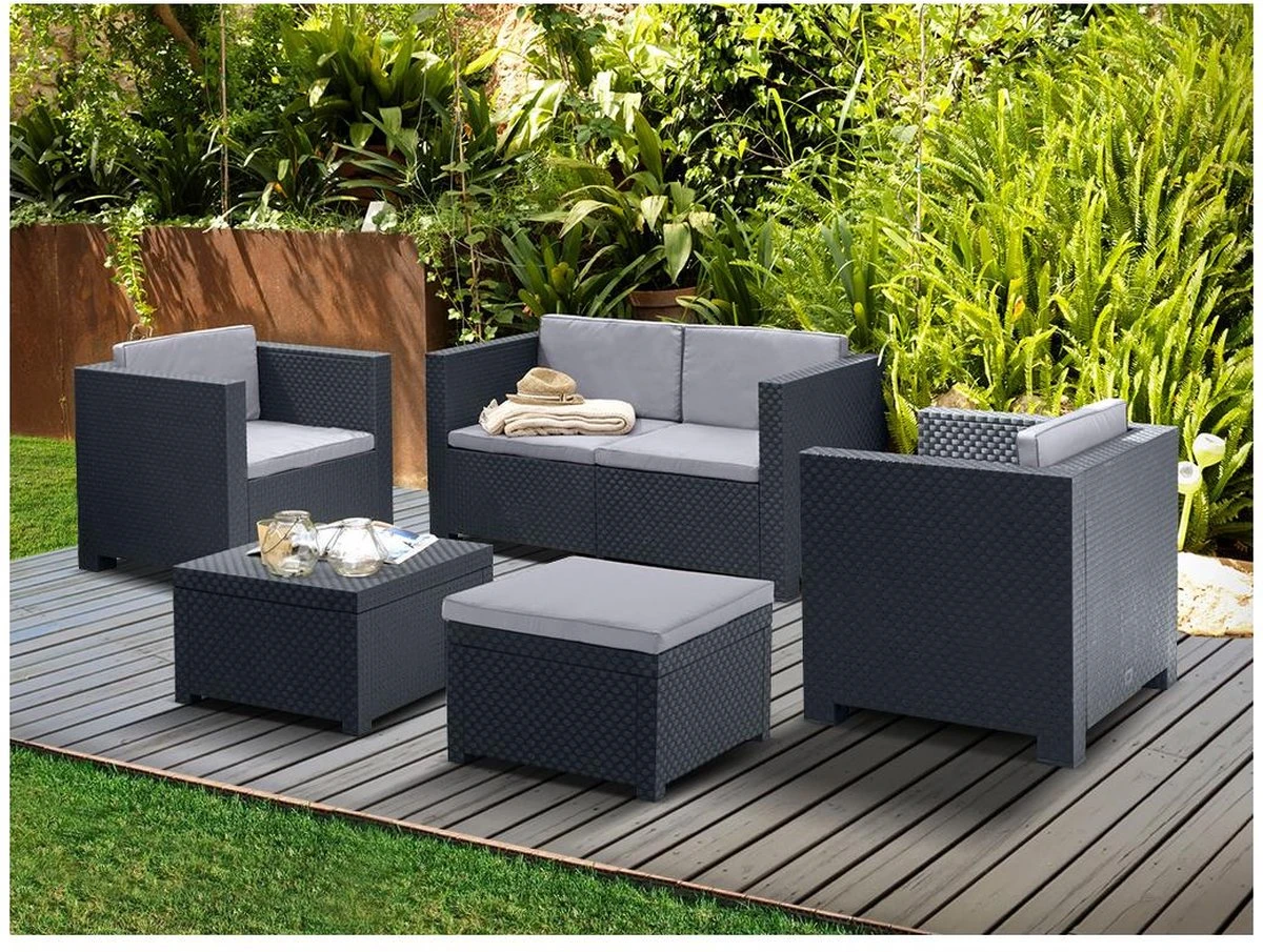 MYLIA Salon De Jardin En Résine Coulée : Canapé 2 Places, 2 Fauteuils, Pouf Et Table Basse - Anthracite - SOPHIE L 131 Cm X H 75 Cm X P 65 Cm 1 MYLIA Salon De Jardin En Résine Coulée : Canapé 2 Places, 2 Fauteuils, Pouf Et Table Basse - Anthracite - SOPHIE L 131 Cm X H 75 Cm X P 65 Cm