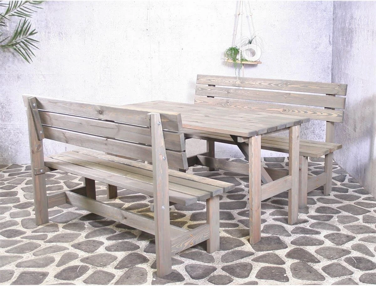 Set Pique-Nique Tyrol Avec Dossiers Table Entrée Ouverte + 2 Canapés 150cm Bois Certifié FSC® 4 Personnes Gris Wash 2 Set Pique-Nique Tyrol Avec Dossiers Table Entrée Ouverte + 2 Canapés 150cm Bois Certifié FSC® 4 Personnes Gris Wash – Image 2