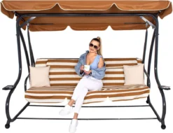 Banc De Balançoire Springos | Luna-Balançoire | 4 Places | Imperméable à L'eau | Comprend 2 Coussins | Auvent Réglable | 230 X 130 X 162 Cm | Marron/ Wit/ Grijs -Jardin Meubles Magasin 1200x921 1