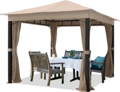 Pavillon De Jardin 3x3m Aluminium Premium 280 G / M² Bâche De Toit Pavillon étanche 4 Parois Latérales Tente De Jardin Marron Profil 9x9cm