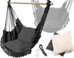 Hamac Brésilien Avec Bâton En Bois - Zwart - Intérieur & Extérieur - Avec 2 Coussins Colorés - Chargeable Jusqu'à 100 Kg