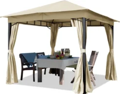 Pavillon De Jardin 3x3 M Environ 180 G/m² Bâche De Toit Pavillon étanche 4 Parois Latérales Tente De Jardin Crème Tente De Réception Environ 6x6 Cm Profil