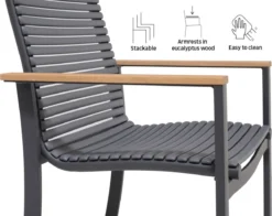 NATERIAL - Set De 4 Chaises De Jardin DORA Avec Accoudoirs - 4 X Chaises De Jardin - Empilables - Plastique Recyclé - Aluminium - Bois D'eucalyptus - Gris Foncé -Jardin Meubles Magasin 1200x951 6